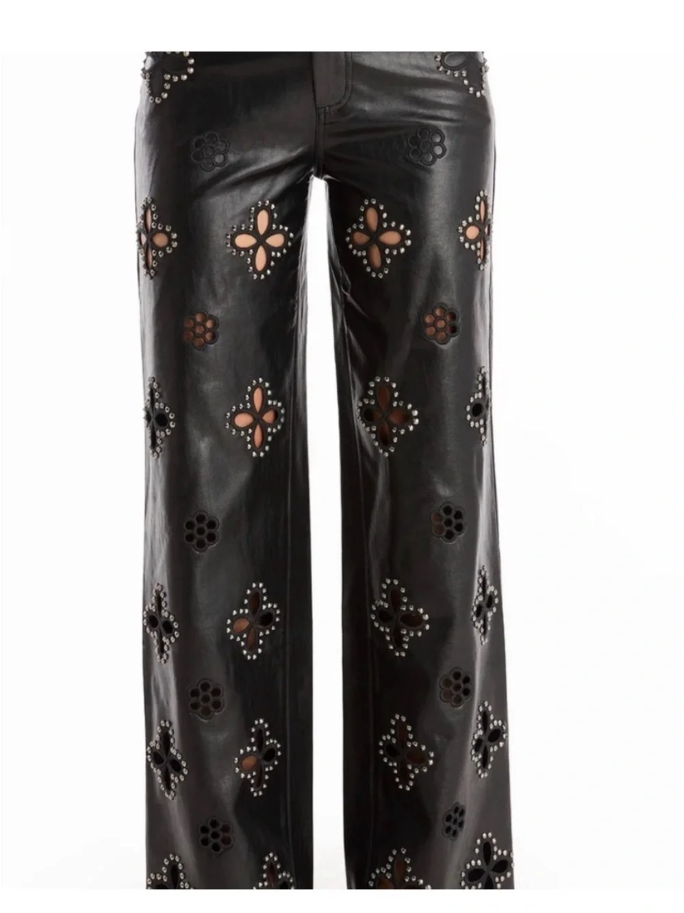 The Noli Shop Studded Cutout Leather Wide-Leg Pants - Black - Picture 2 of 5